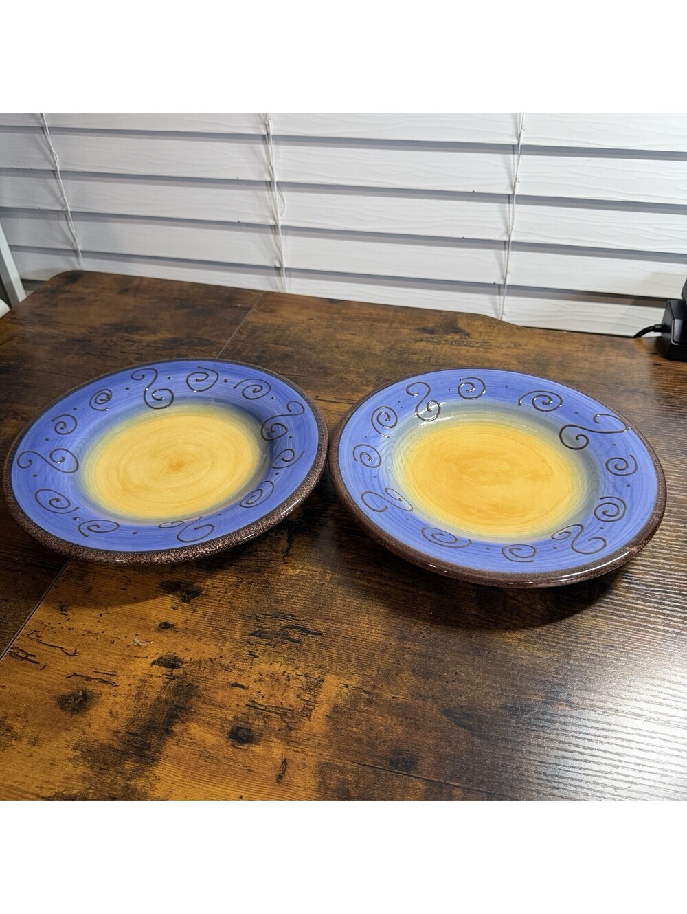 Tabletops Unlimited Ambrosia 11” Blue Dinner Plates Set of 2 Raised Scrolls